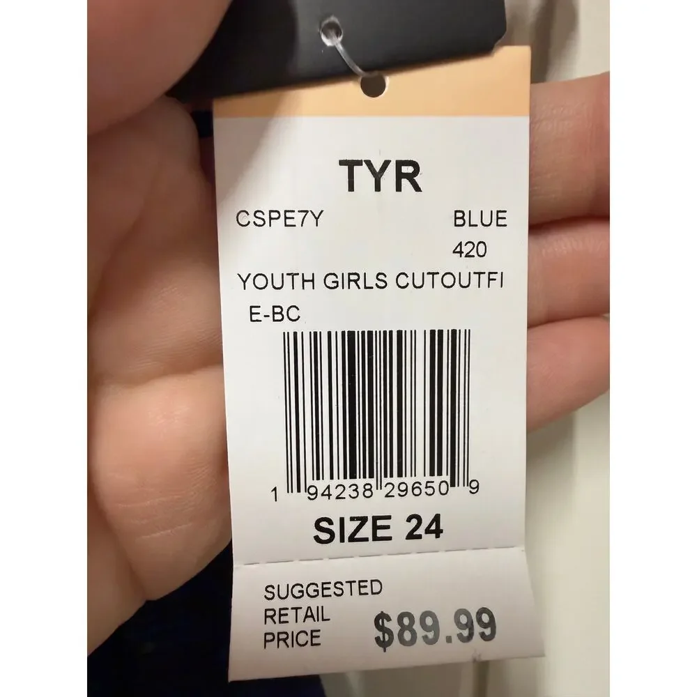TYR Girls' Durafast Elite Cutoutfit Swimsuit, Blue Speedwarp Size 24 NEW